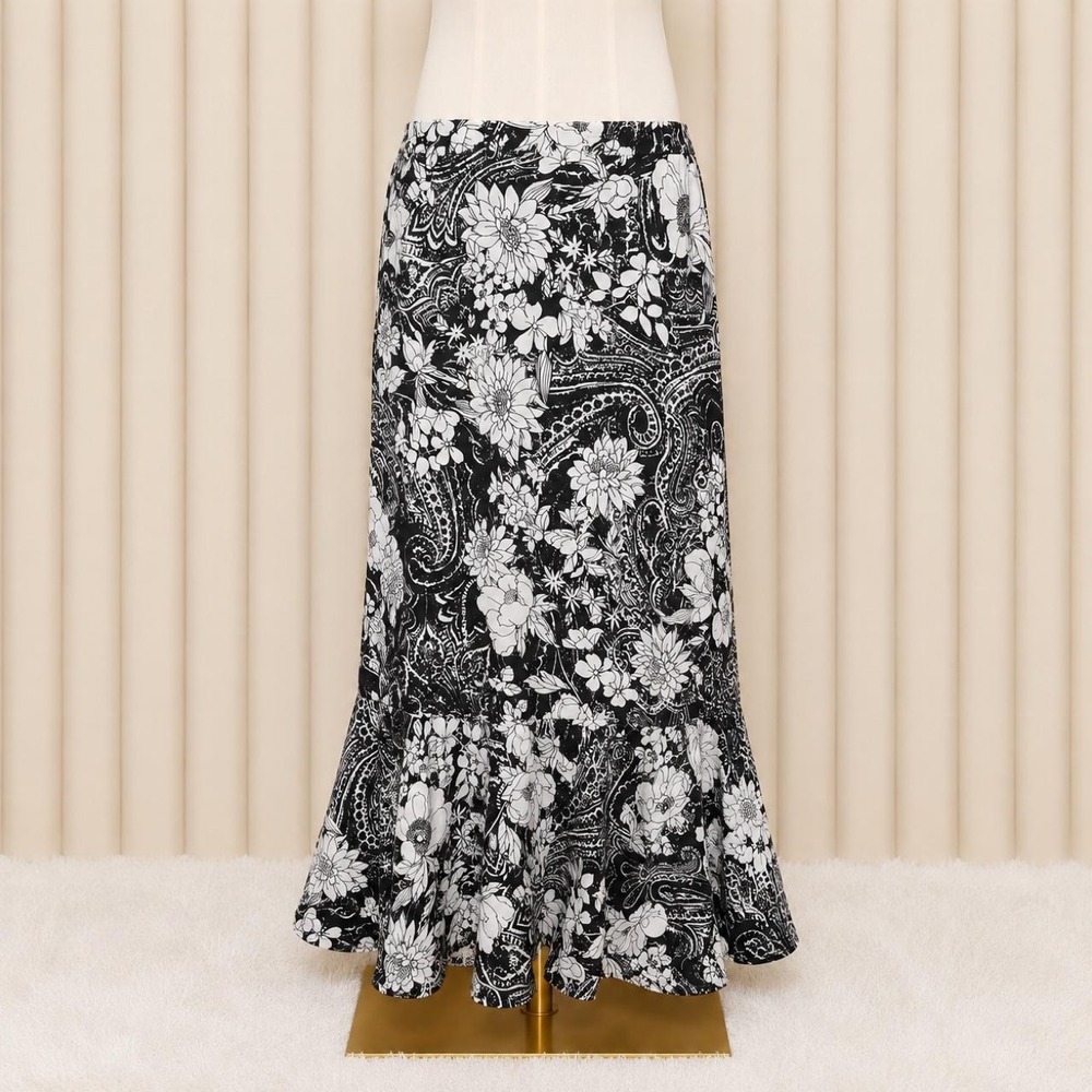 Vintage Y2K TANJAY Black & White Floral Paisley Mermaid Maxi Skirt 🖤🤍